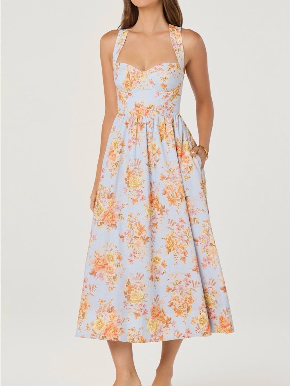 ASTR The Label Floral Sweetheart Midi Dress in Size S
